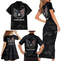 Custom American Flag Billiards Family Matching Short Sleeve Bodycon Dress and Hawaiian Shirt with 8-Ball Wings and Camo Background - Wonder Print Shop