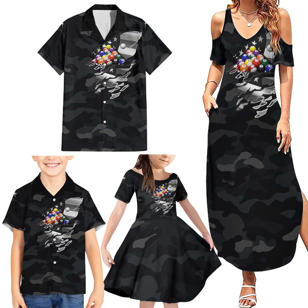 Custom American Flag Billiards Family Matching Summer Maxi Dress and Hawaiian Shirt with 8-Ball Wings and Camo Background - Wonder Print Shop