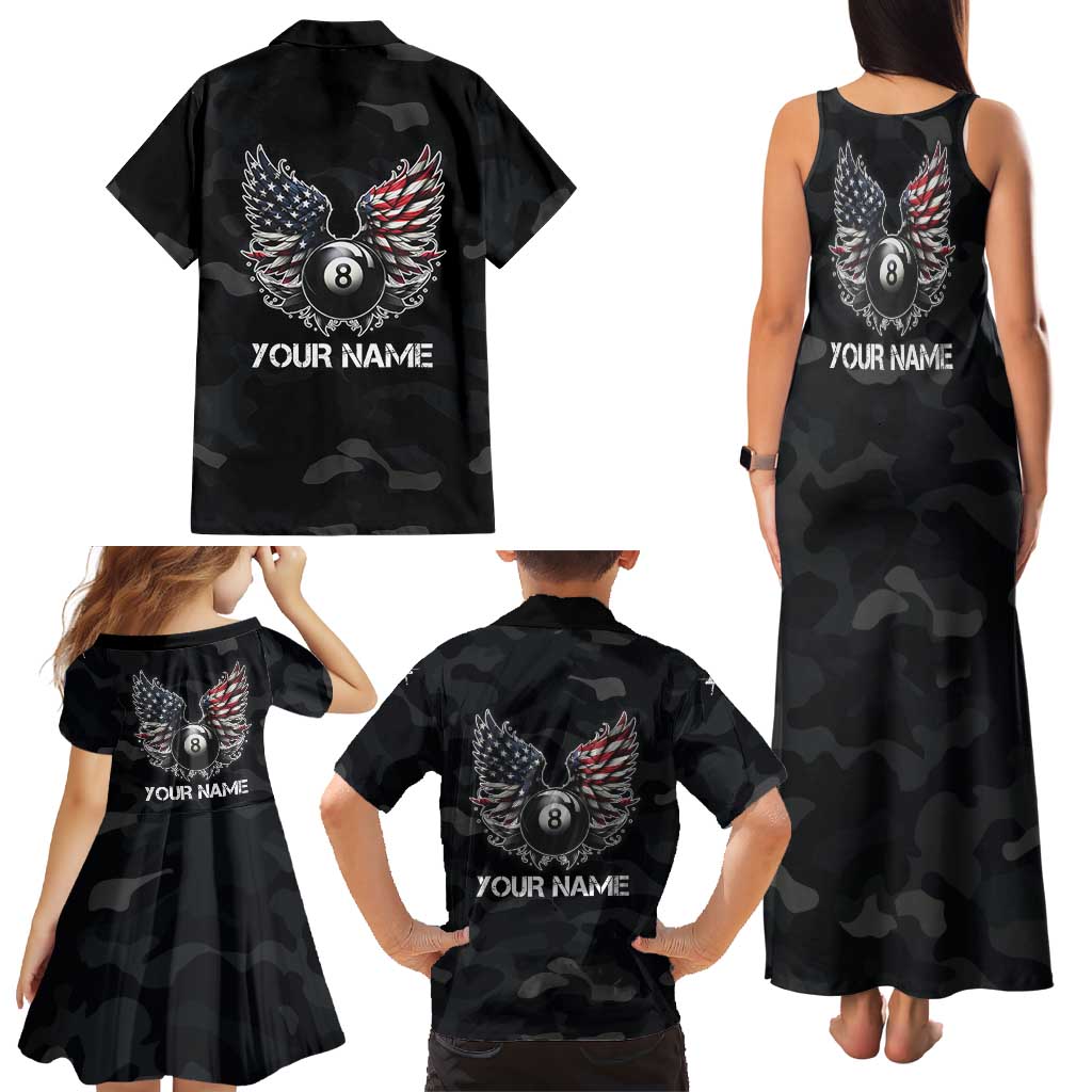Custom American Flag Billiards Family Matching Tank Maxi Dress and Hawaiian Shirt with 8-Ball Wings and Camo Background - Wonder Print Shop