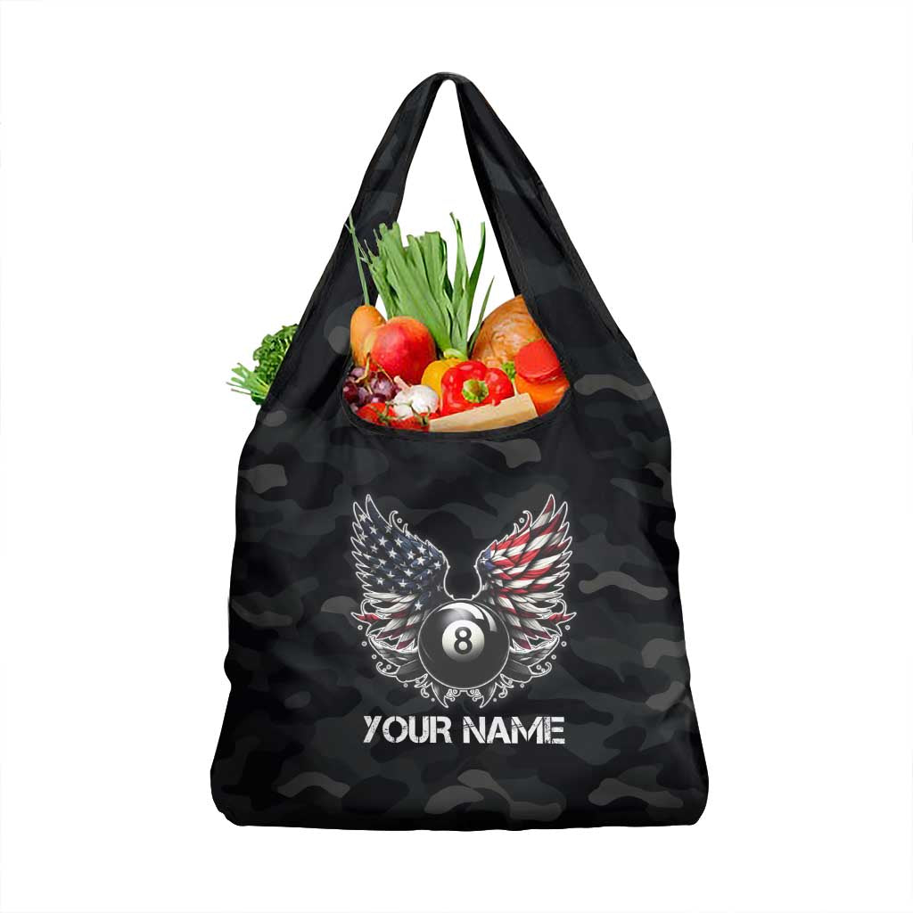Custom American Flag Billiards Grocery Bag with 8-Ball Wings and Camo Background - Wonder Print Shop