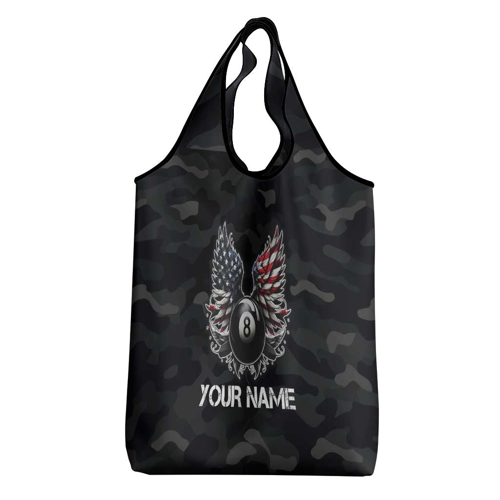 Custom American Flag Billiards Grocery Bag with 8-Ball Wings and Camo Background - Wonder Print Shop