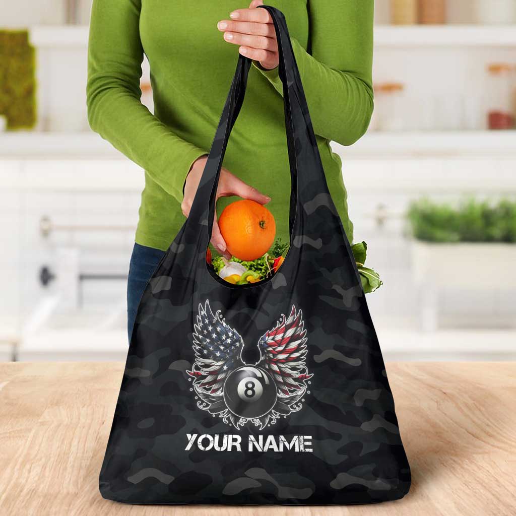 Custom American Flag Billiards Grocery Bag with 8-Ball Wings and Camo Background - Wonder Print Shop