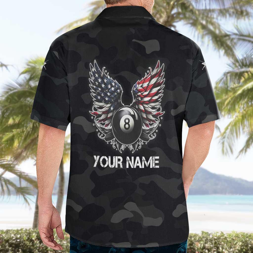 Custom American Flag Billiards Hawaiian Shirt with 8-Ball Wings and Camo Background - Wonder Print Shop