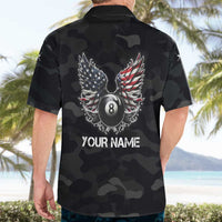 Custom American Flag Billiards Hawaiian Shirt with 8-Ball Wings and Camo Background - Wonder Print Shop
