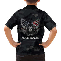 Custom American Flag Billiards Hawaiian Shirt with 8-Ball Wings and Camo Background - Wonder Print Shop