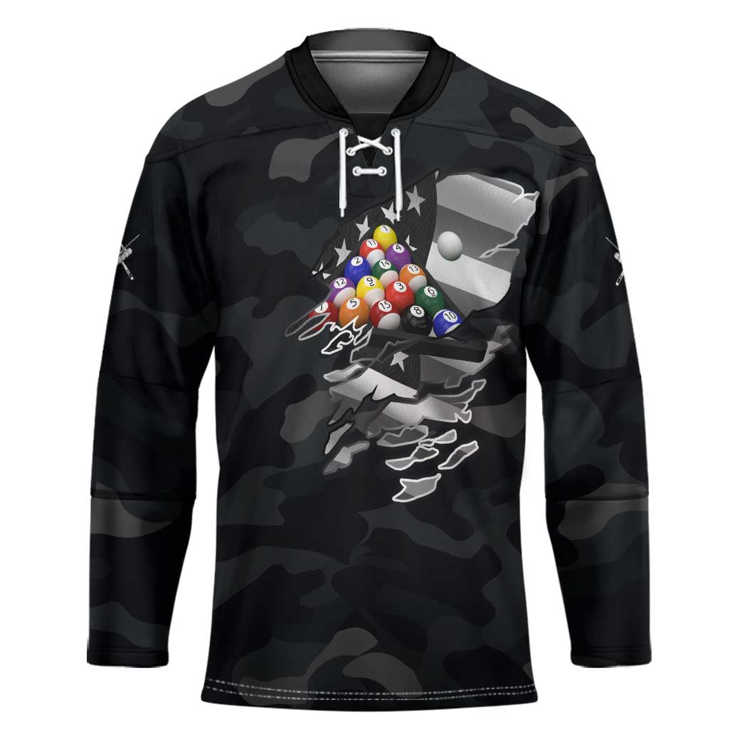 Custom American Flag Billiards Hockey Jersey with 8-Ball Wings and Camo Background - Wonder Print Shop