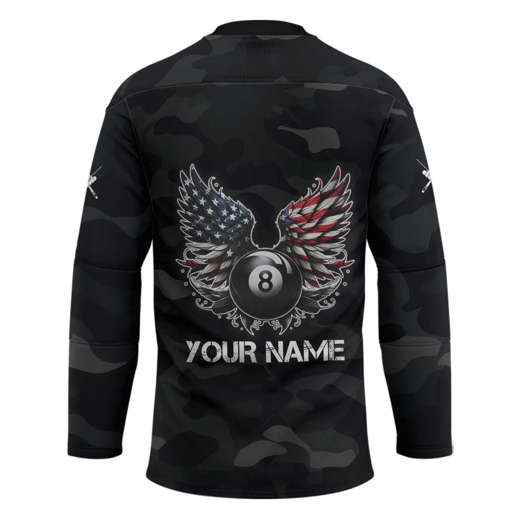 Custom American Flag Billiards Hockey Jersey with 8-Ball Wings and Camo Background - Wonder Print Shop