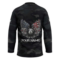 Custom American Flag Billiards Hockey Jersey with 8-Ball Wings and Camo Background - Wonder Print Shop