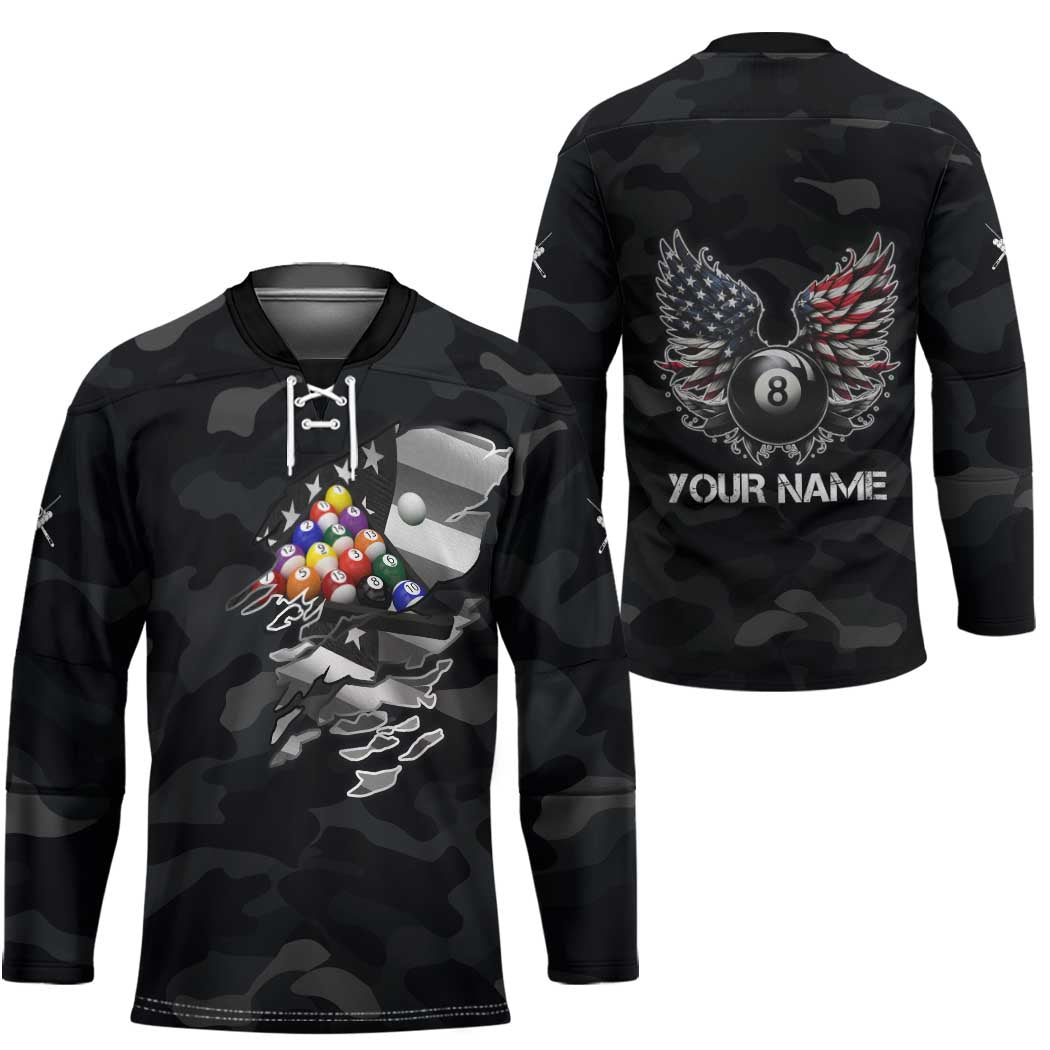 Custom American Flag Billiards Hockey Jersey with 8-Ball Wings and Camo Background - Wonder Print Shop