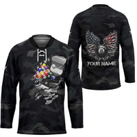 Custom American Flag Billiards Hockey Jersey with 8-Ball Wings and Camo Background - Wonder Print Shop