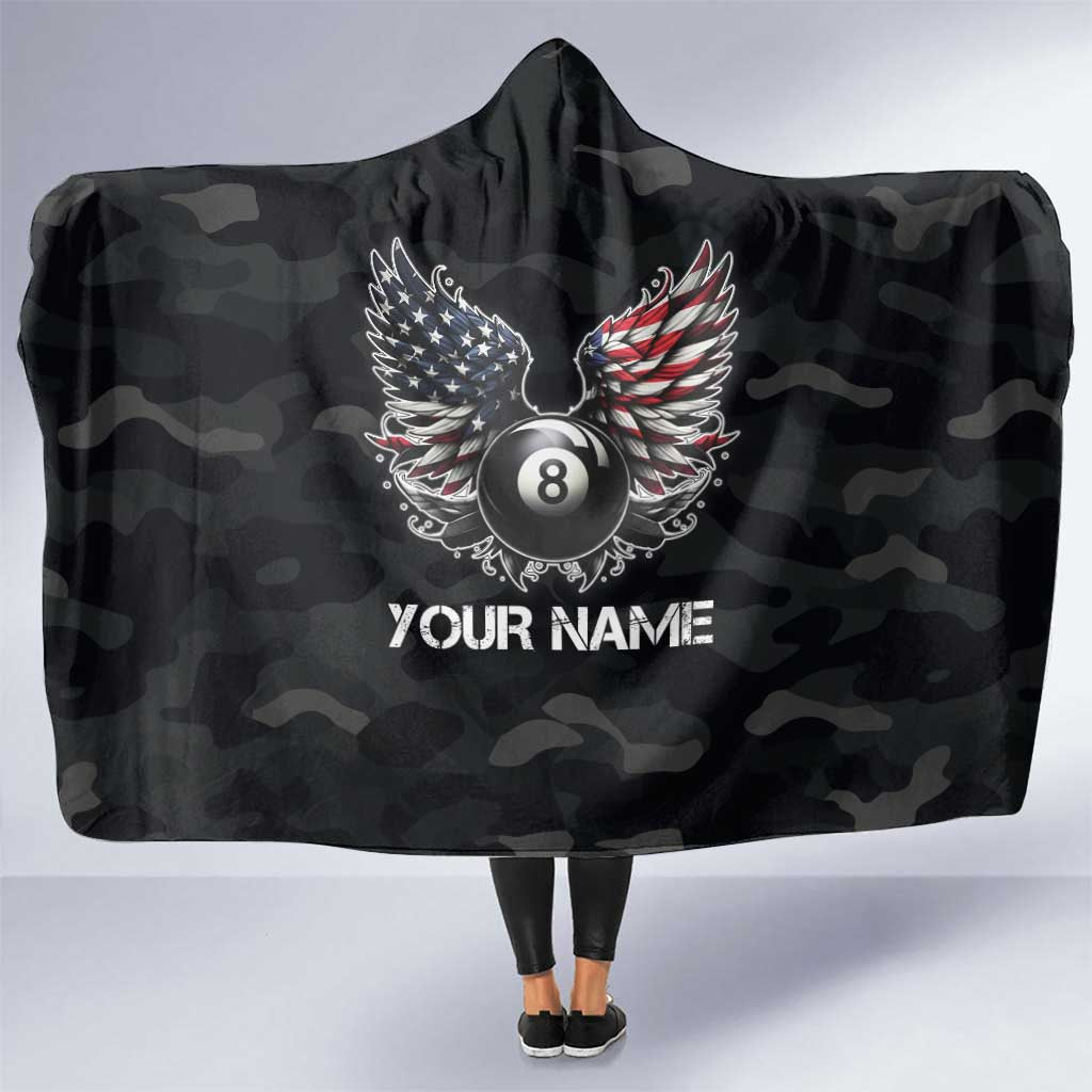 Custom American Flag Billiards Hooded Blanket with 8-Ball Wings and Camo Background - Wonder Print Shop