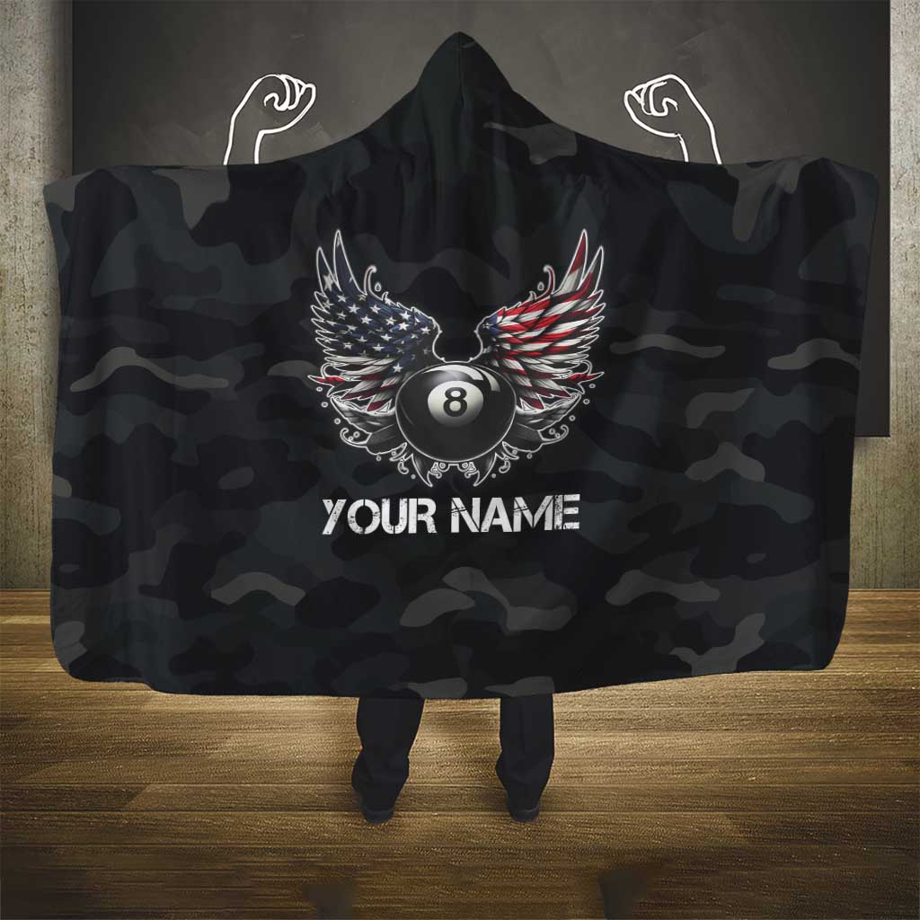 Custom American Flag Billiards Hooded Blanket with 8-Ball Wings and Camo Background - Wonder Print Shop