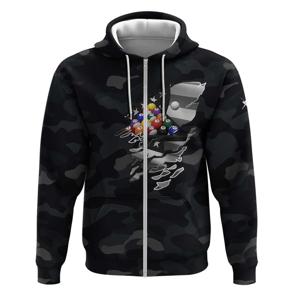 Custom American Flag Billiards Hoodie with 8-Ball Wings and Camo Background - Wonder Print Shop