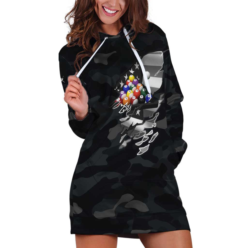 Custom American Flag Billiards Hoodie Dress with 8-Ball Wings and Camo Background - Wonder Print Shop