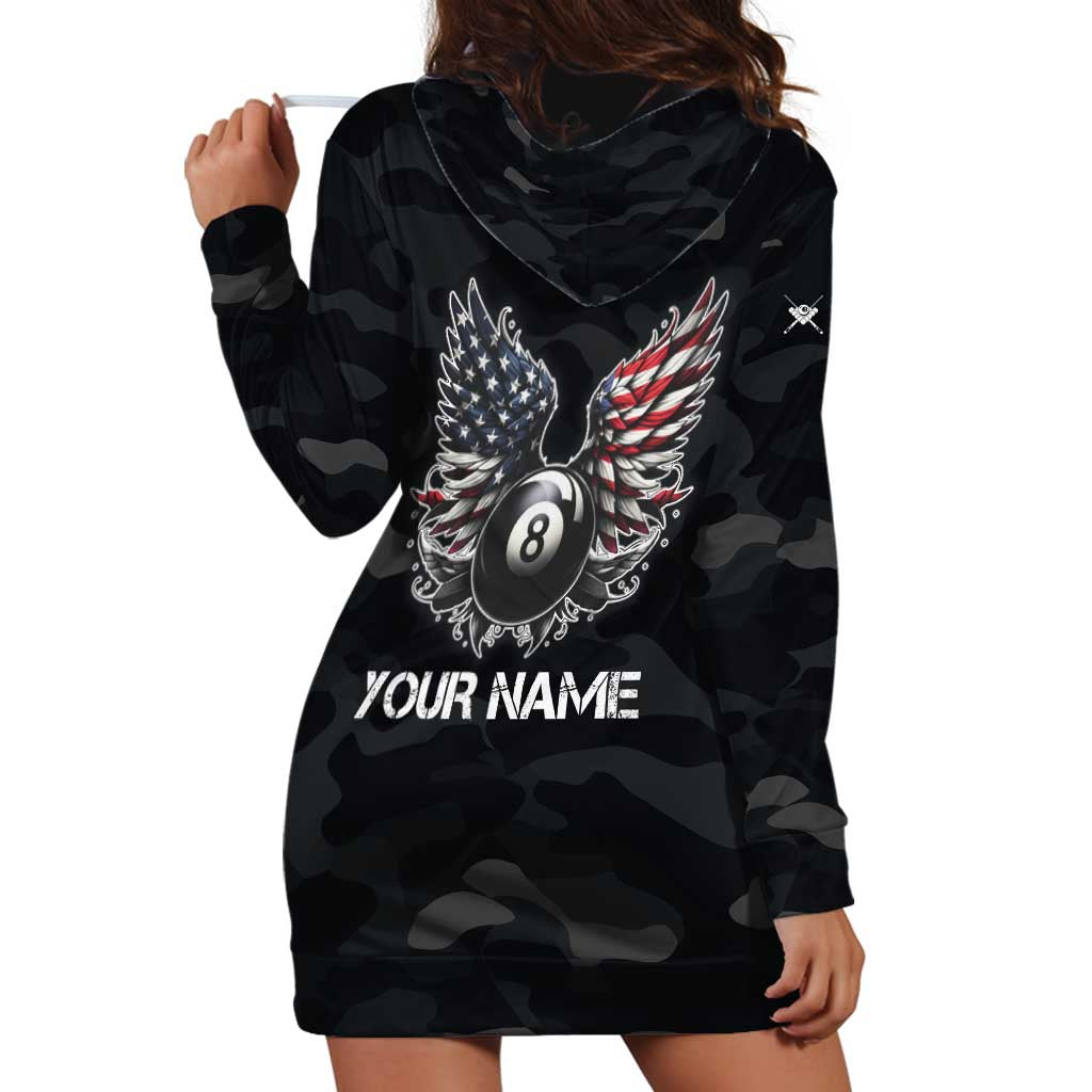 Custom American Flag Billiards Hoodie Dress with 8-Ball Wings and Camo Background - Wonder Print Shop