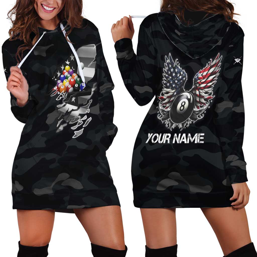 Custom American Flag Billiards Hoodie Dress with 8-Ball Wings and Camo Background - Wonder Print Shop