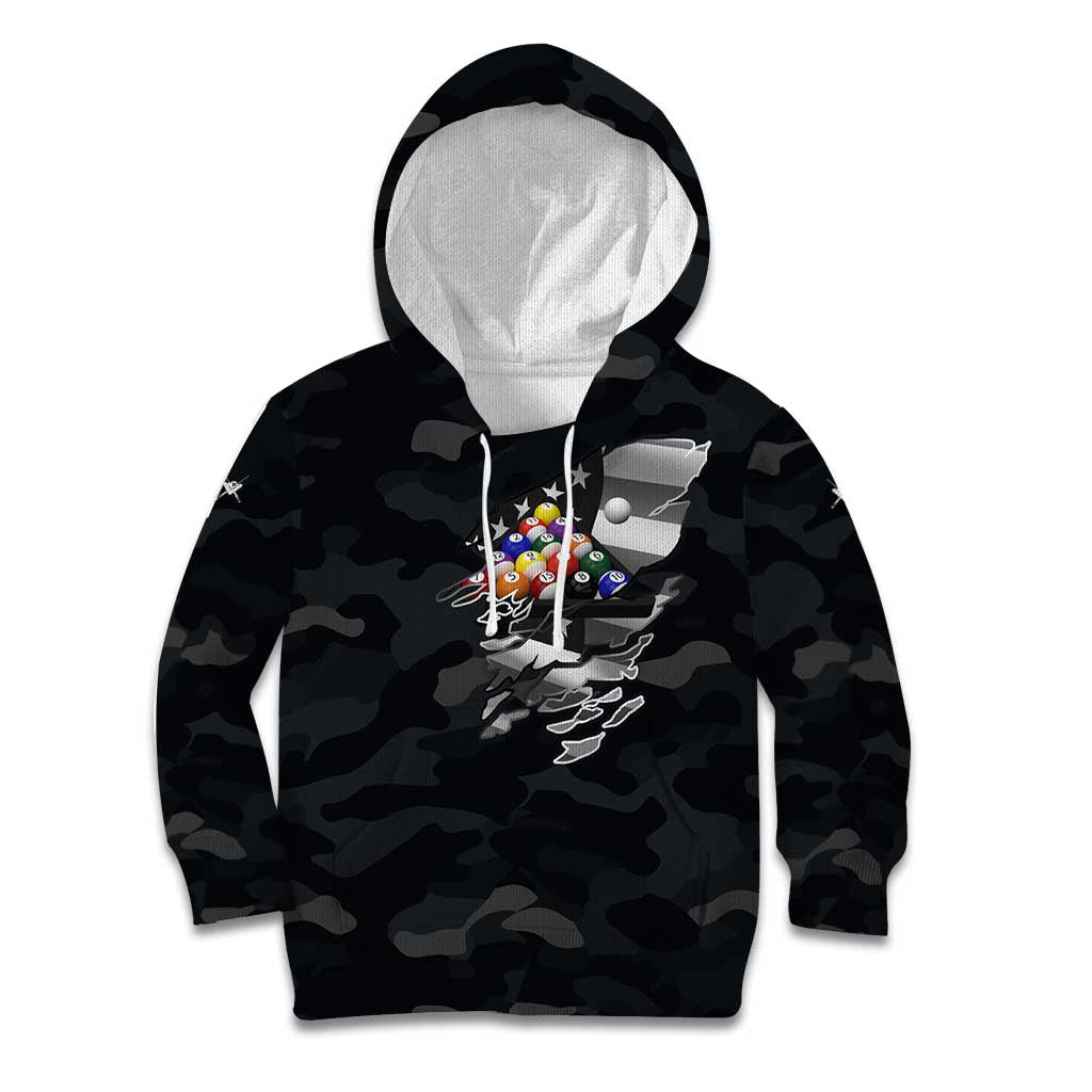 Custom American Flag Billiards Kid Hoodie with 8-Ball Wings and Camo Background - Wonder Print Shop