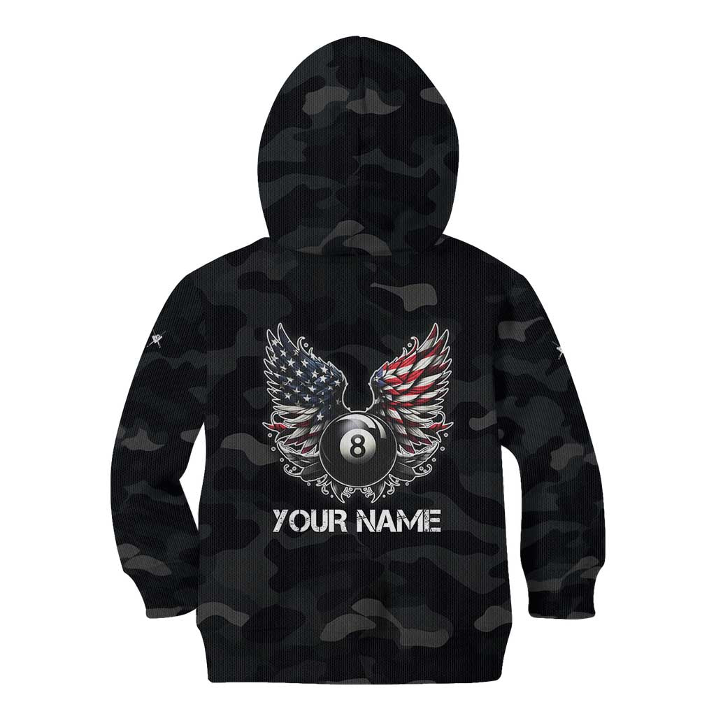 Custom American Flag Billiards Kid Hoodie with 8-Ball Wings and Camo Background - Wonder Print Shop
