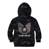 Custom American Flag Billiards Kid Hoodie with 8-Ball Wings and Camo Background - Wonder Print Shop