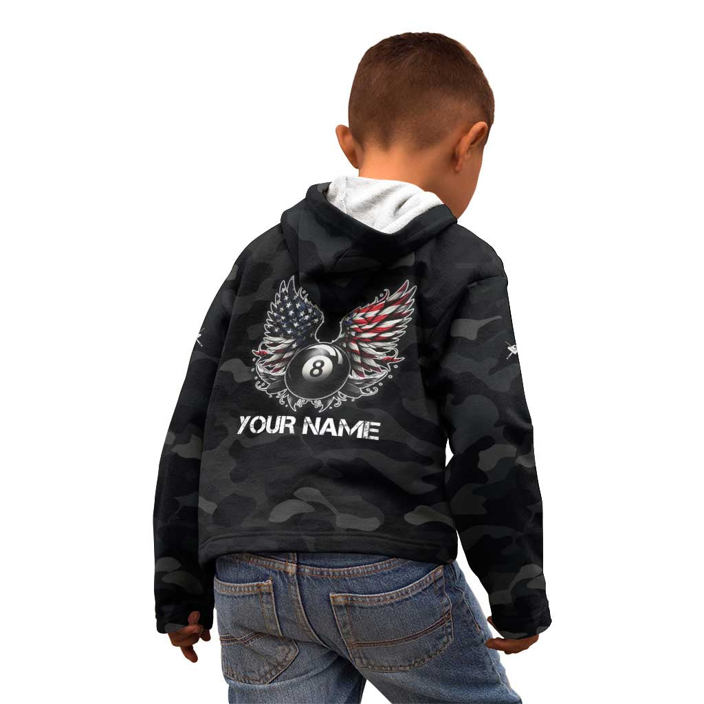 Custom American Flag Billiards Kid Hoodie with 8-Ball Wings and Camo Background - Wonder Print Shop