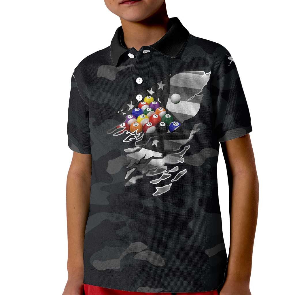 Custom American Flag Billiards Kid Polo Shirt with 8-Ball Wings and Camo Background - Wonder Print Shop