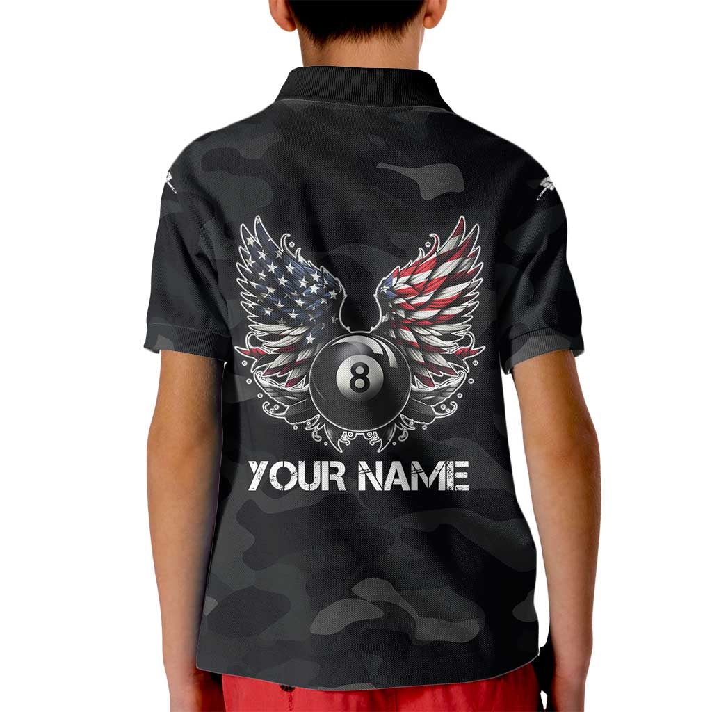 Custom American Flag Billiards Kid Polo Shirt with 8-Ball Wings and Camo Background - Wonder Print Shop