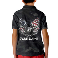 Custom American Flag Billiards Kid Polo Shirt with 8-Ball Wings and Camo Background - Wonder Print Shop