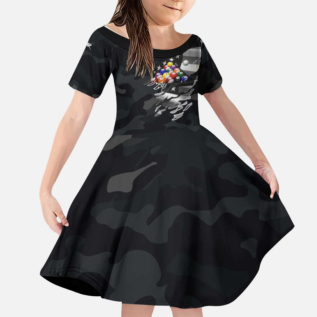 Custom American Flag Billiards Kid Short Sleeve Dress with 8-Ball Wings and Camo Background - Wonder Print Shop
