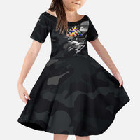 Custom American Flag Billiards Kid Short Sleeve Dress with 8-Ball Wings and Camo Background - Wonder Print Shop