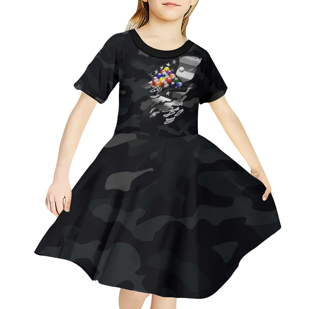 Custom American Flag Billiards Kid Short Sleeve Dress with 8-Ball Wings and Camo Background - Wonder Print Shop