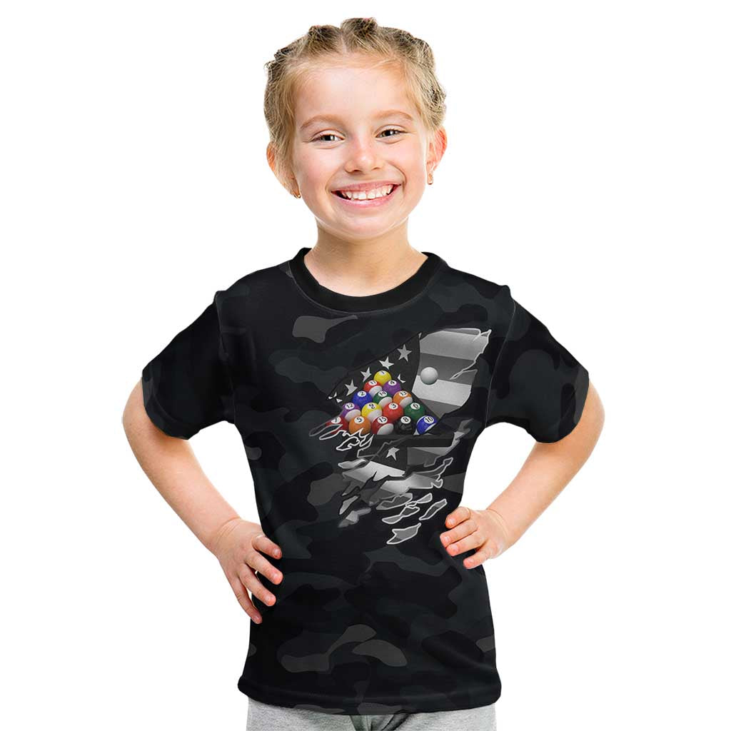 Custom American Flag Billiards Kid T Shirt with 8-Ball Wings and Camo Background - Wonder Print Shop