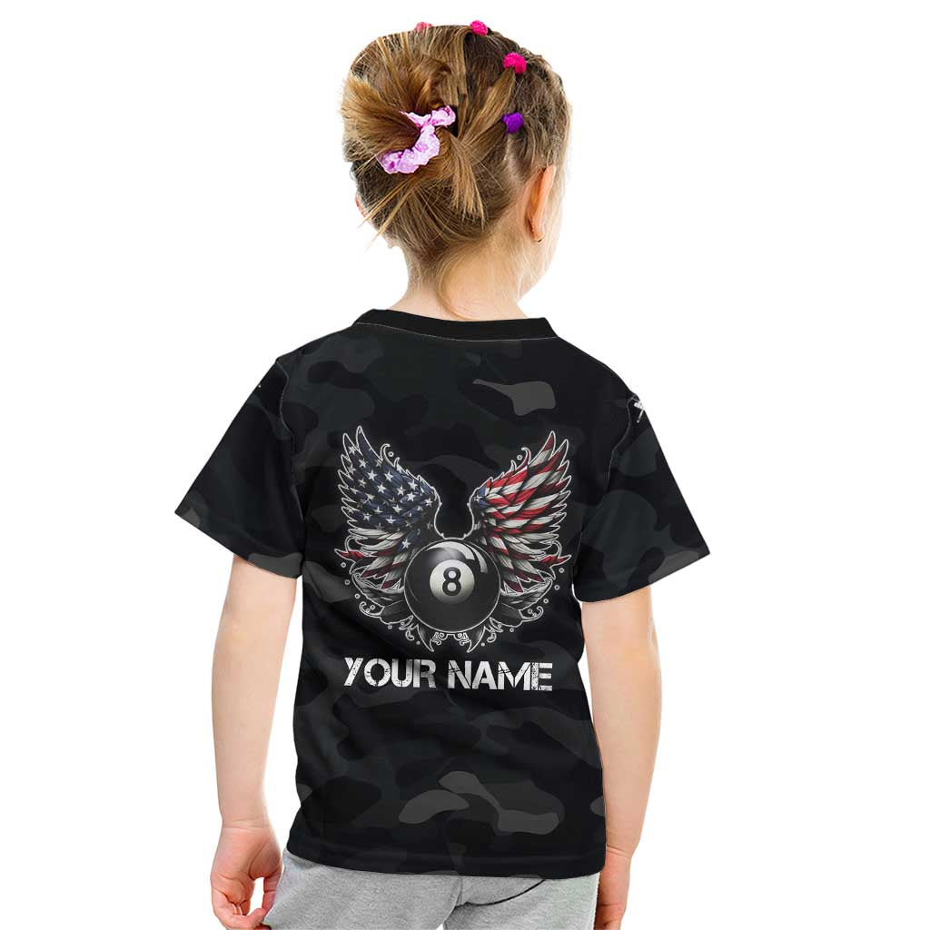 Custom American Flag Billiards Kid T Shirt with 8-Ball Wings and Camo Background - Wonder Print Shop