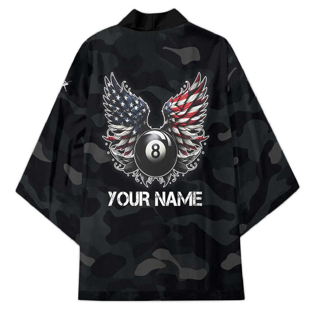 Custom American Flag Billiards Kimono with 8-Ball Wings and Camo Background - Wonder Print Shop