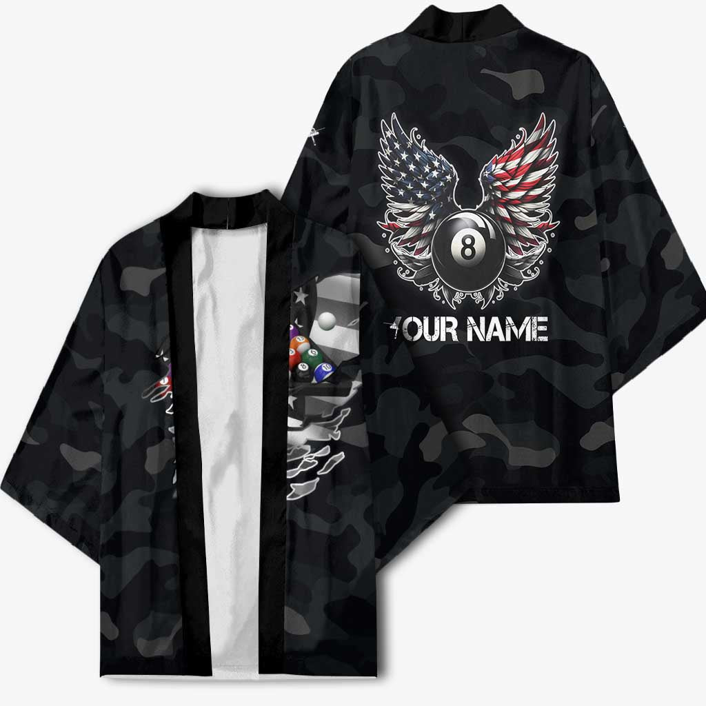 Custom American Flag Billiards Kimono with 8-Ball Wings and Camo Background - Wonder Print Shop