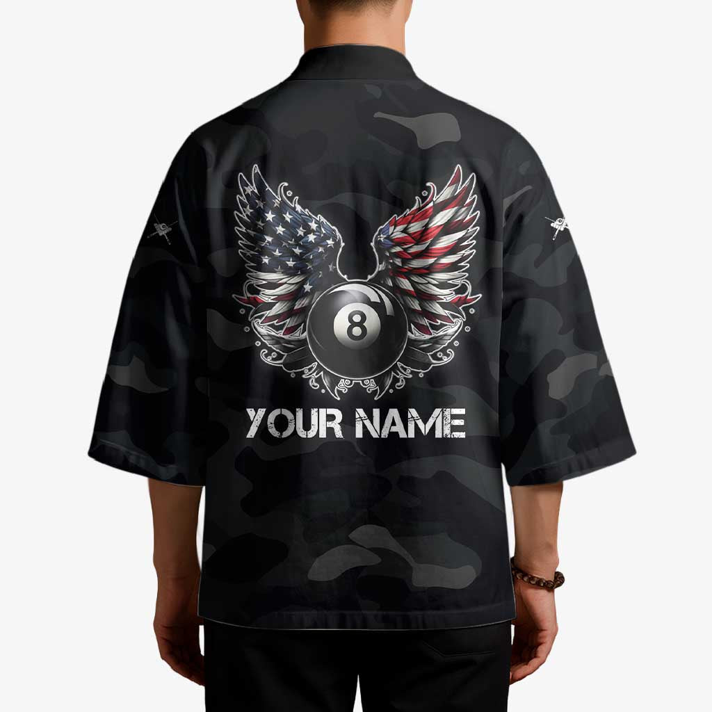 Custom American Flag Billiards Kimono with 8-Ball Wings and Camo Background - Wonder Print Shop