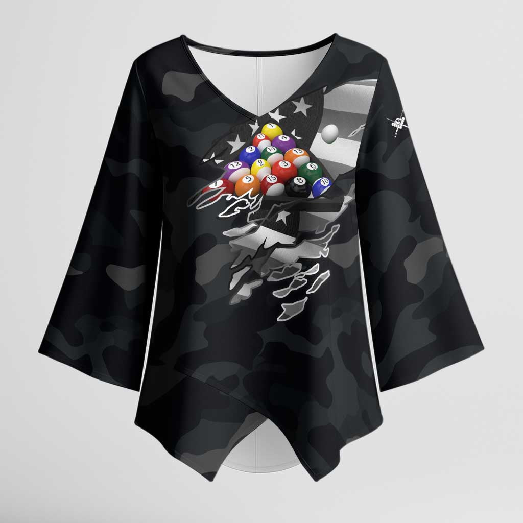 Custom American Flag Billiards Kimono Sleeve Blouse with 8-Ball Wings and Camo Background - Wonder Print Shop