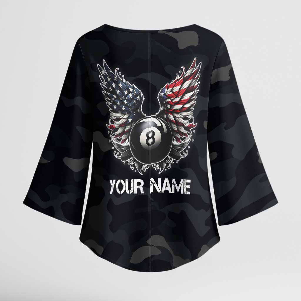 Custom American Flag Billiards Kimono Sleeve Blouse with 8-Ball Wings and Camo Background - Wonder Print Shop