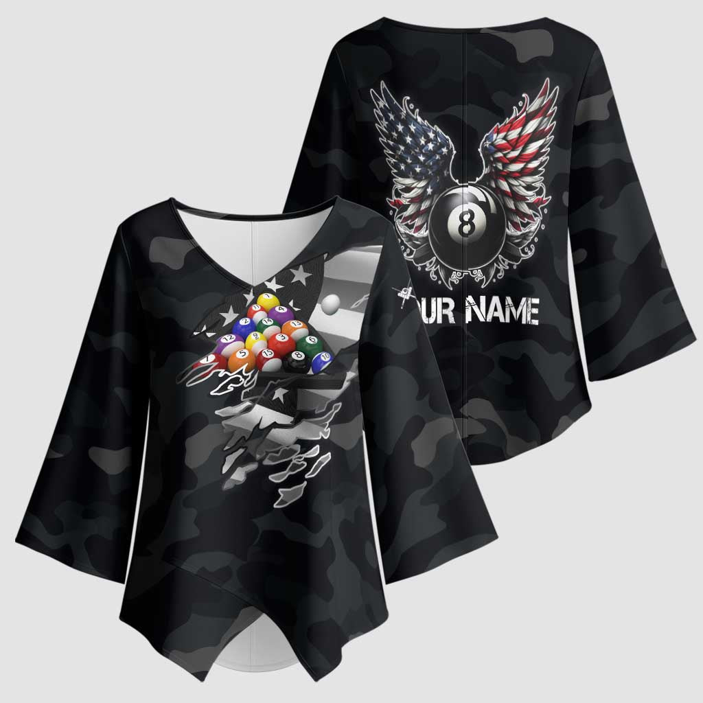 Custom American Flag Billiards Kimono Sleeve Blouse with 8-Ball Wings and Camo Background - Wonder Print Shop