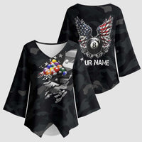 Custom American Flag Billiards Kimono Sleeve Blouse with 8-Ball Wings and Camo Background - Wonder Print Shop