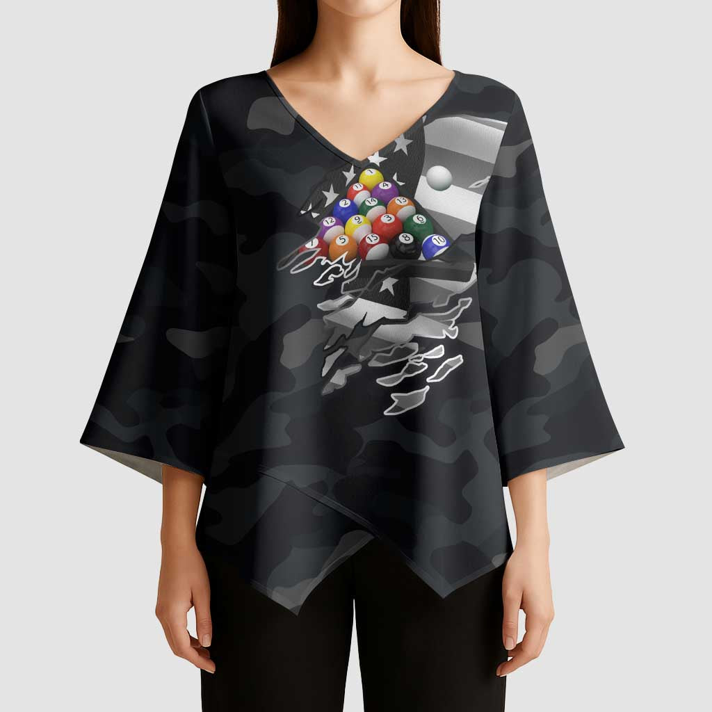 Custom American Flag Billiards Kimono Sleeve Blouse with 8-Ball Wings and Camo Background - Wonder Print Shop
