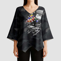 Custom American Flag Billiards Kimono Sleeve Blouse with 8-Ball Wings and Camo Background - Wonder Print Shop
