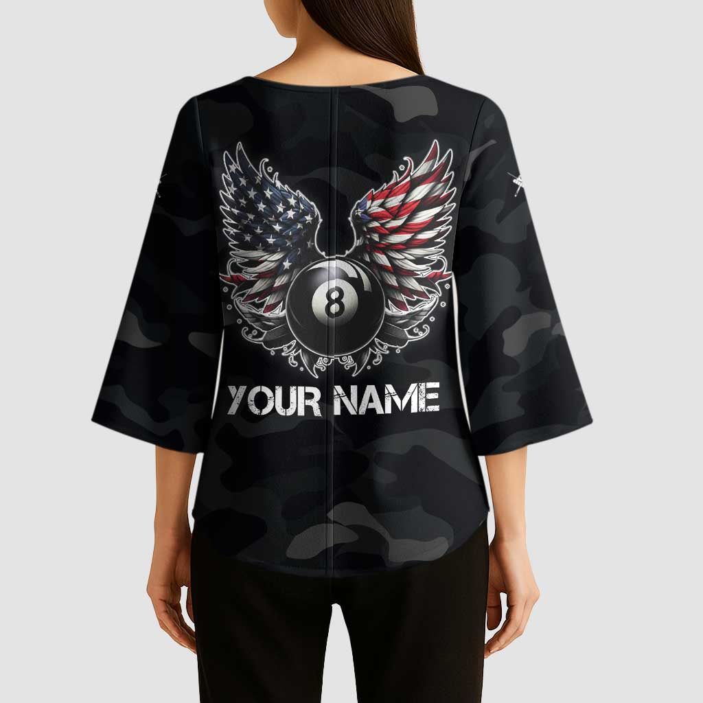 Custom American Flag Billiards Kimono Sleeve Blouse with 8-Ball Wings and Camo Background - Wonder Print Shop
