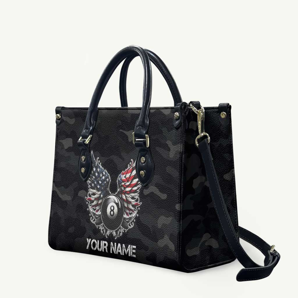 Custom American Flag Billiards Leather Bag with 8-Ball Wings and Camo Background - Wonder Print Shop