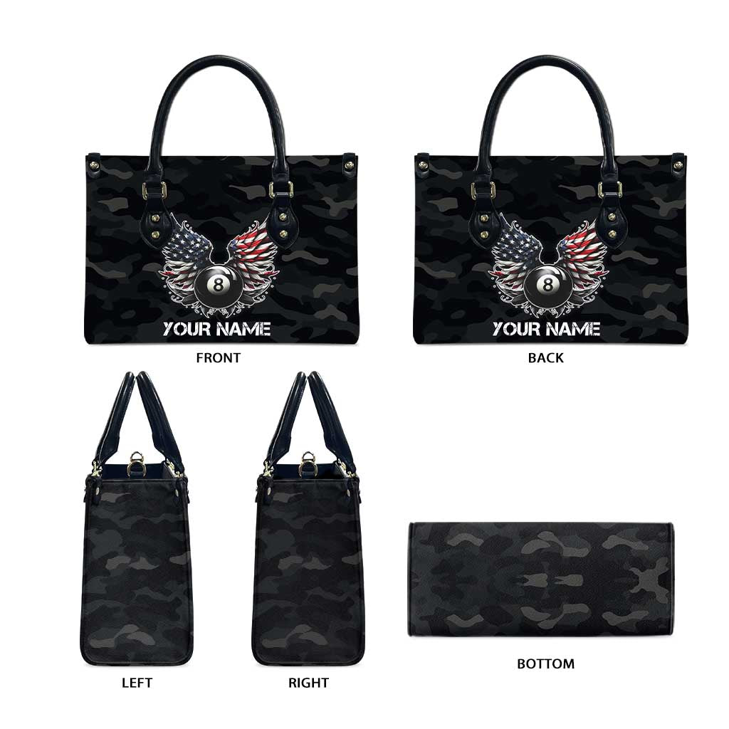 Custom American Flag Billiards Leather Bag with 8-Ball Wings and Camo Background - Wonder Print Shop