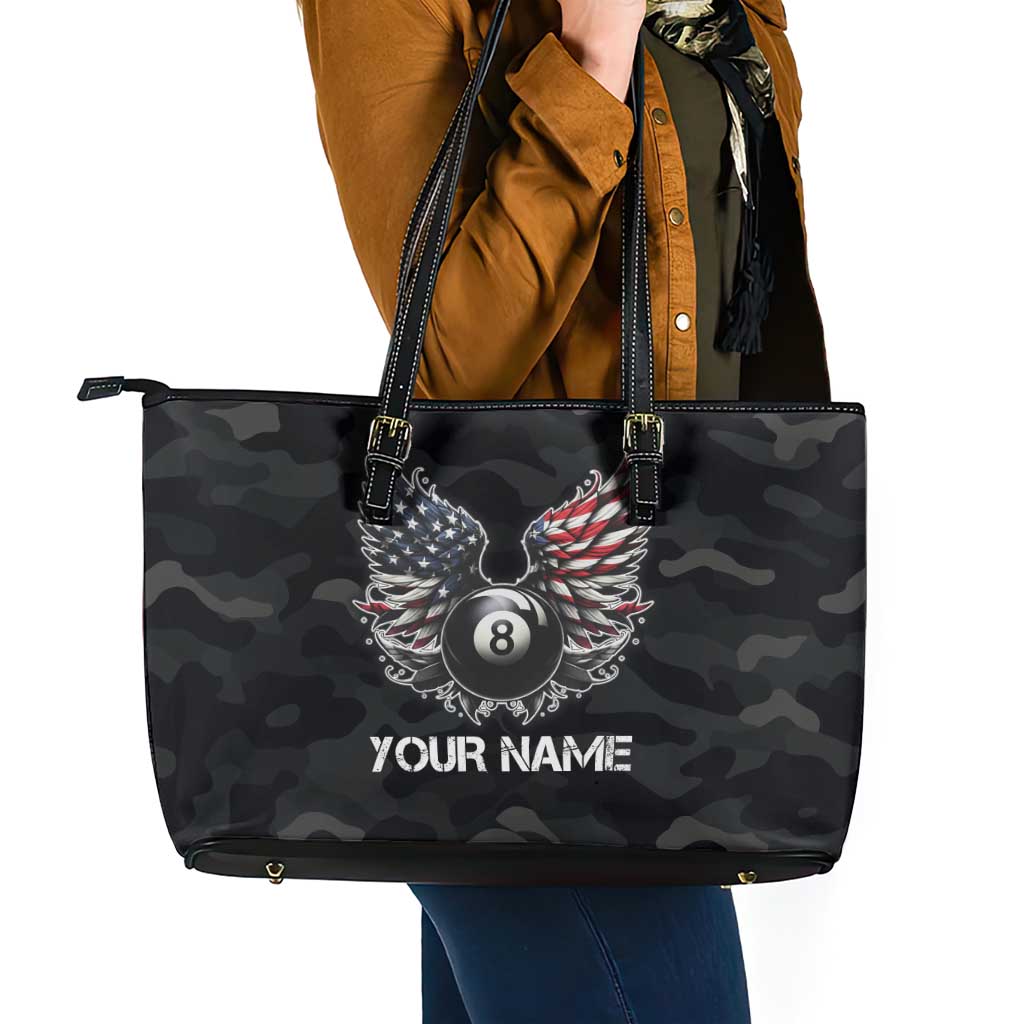 Custom American Flag Billiards Leather Tote Bag with 8-Ball Wings and Camo Background - Wonder Print Shop
