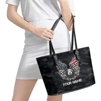 Custom American Flag Billiards Leather Tote Bag with 8-Ball Wings and Camo Background - Wonder Print Shop