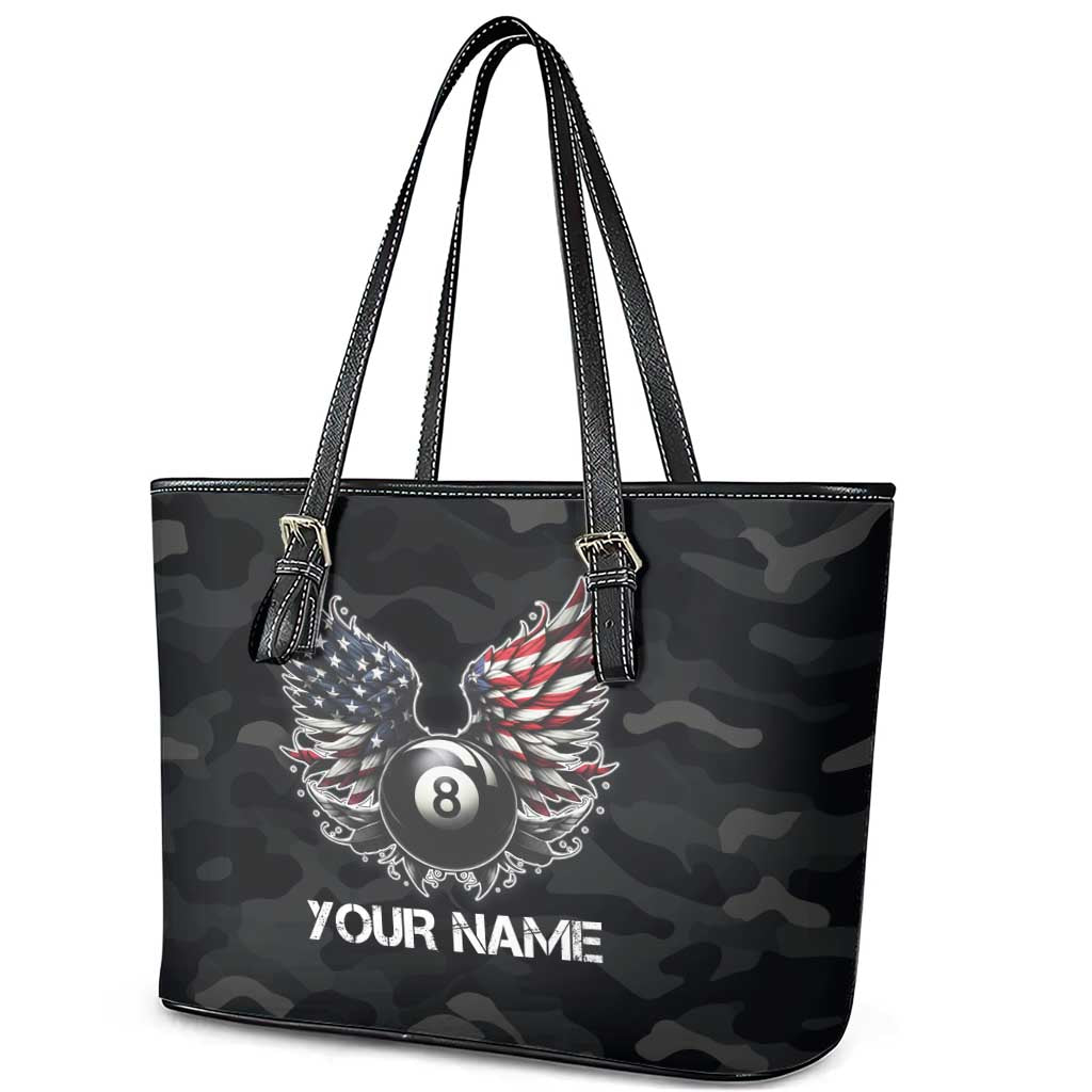 Custom American Flag Billiards Leather Tote Bag with 8-Ball Wings and Camo Background - Wonder Print Shop