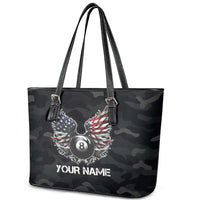 Custom American Flag Billiards Leather Tote Bag with 8-Ball Wings and Camo Background - Wonder Print Shop