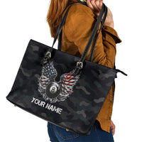 Custom American Flag Billiards Leather Tote Bag with 8-Ball Wings and Camo Background - Wonder Print Shop