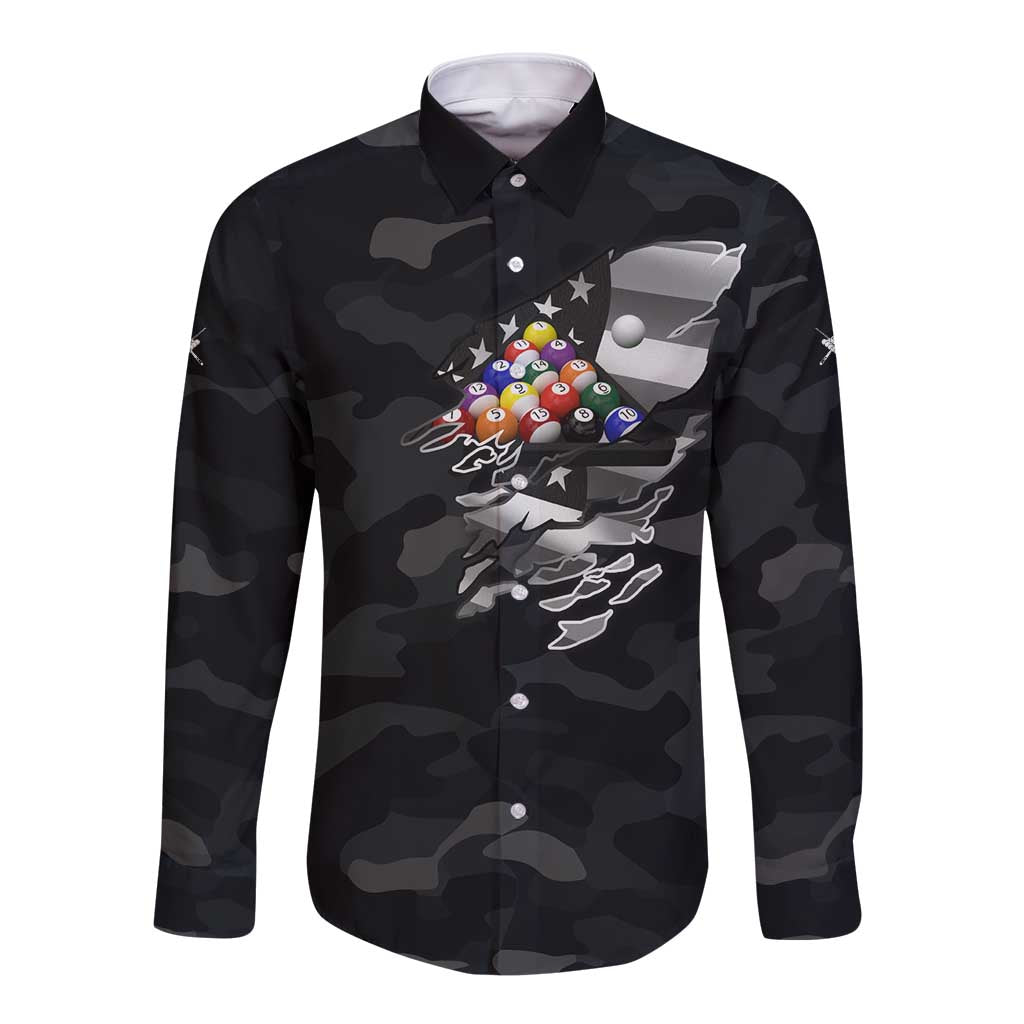 Custom American Flag Billiards Long Sleeve Button Shirt with 8-Ball Wings and Camo Background - Wonder Print Shop